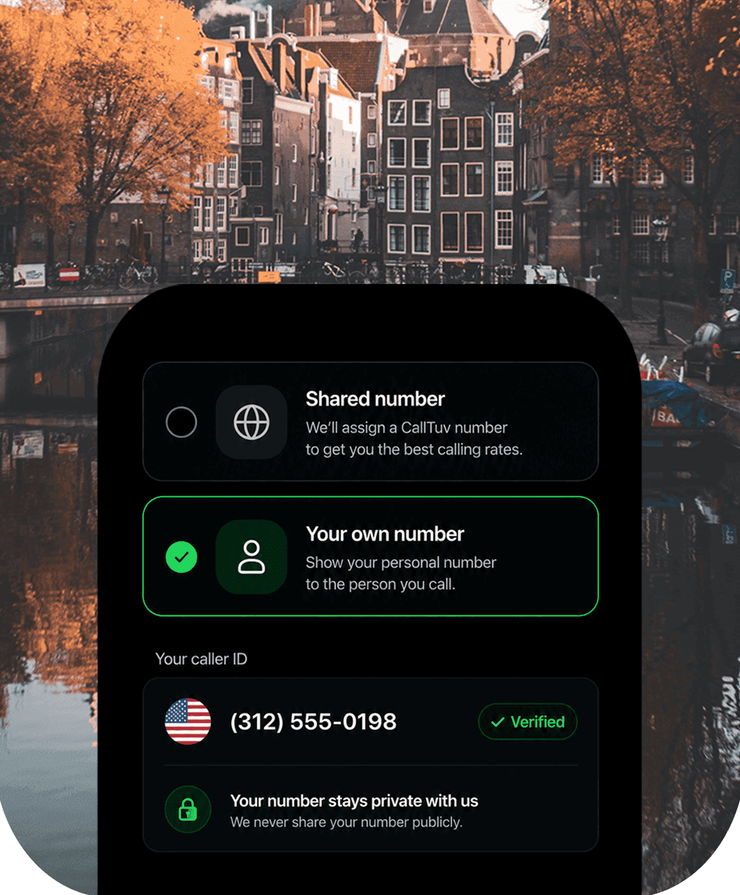 Verified caller ID settings showing how to use your own number on outbound calls